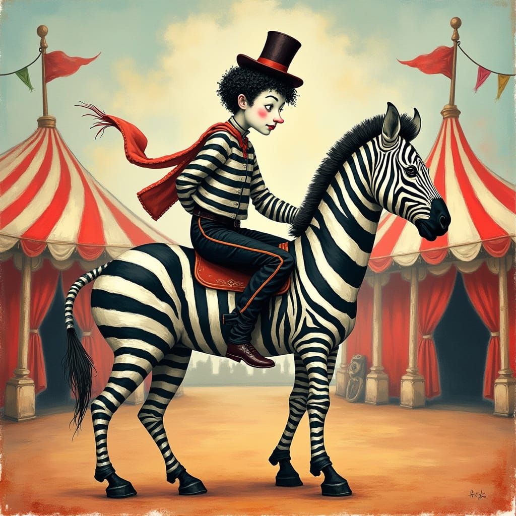 Mime Riding Zebra in Circus Style
