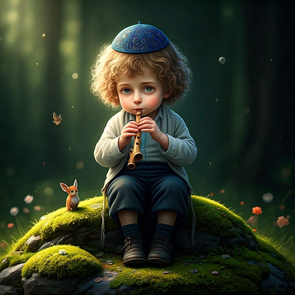 A serene scene of a young Hasidic boy with long curly blonde...