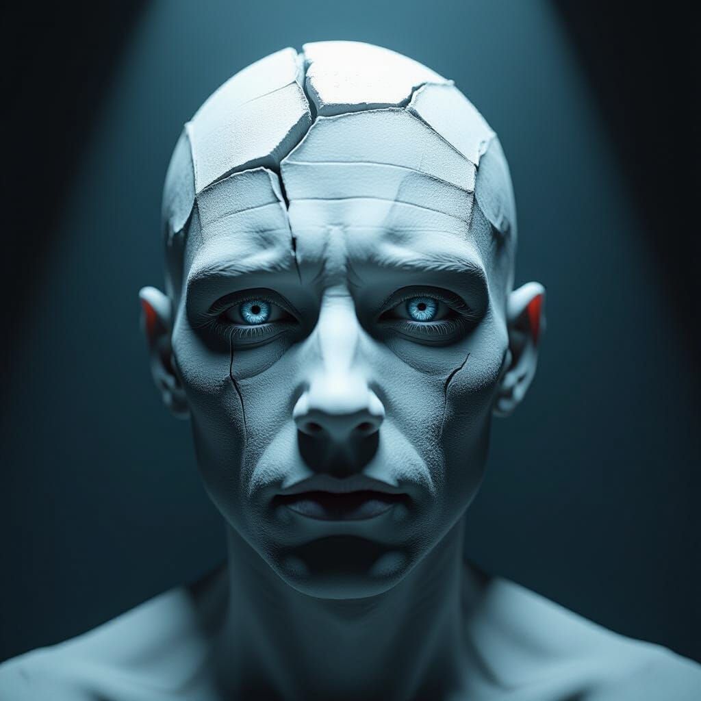 Fractured White Face in Dramatic Lighting