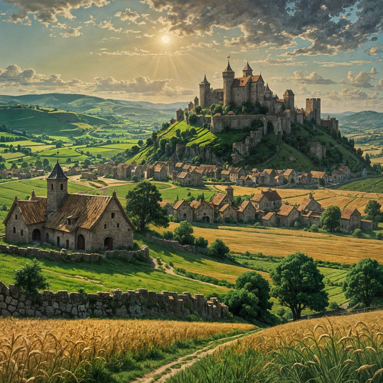 Medieval Countryside Panorama in Fantasy Oil Painting Style