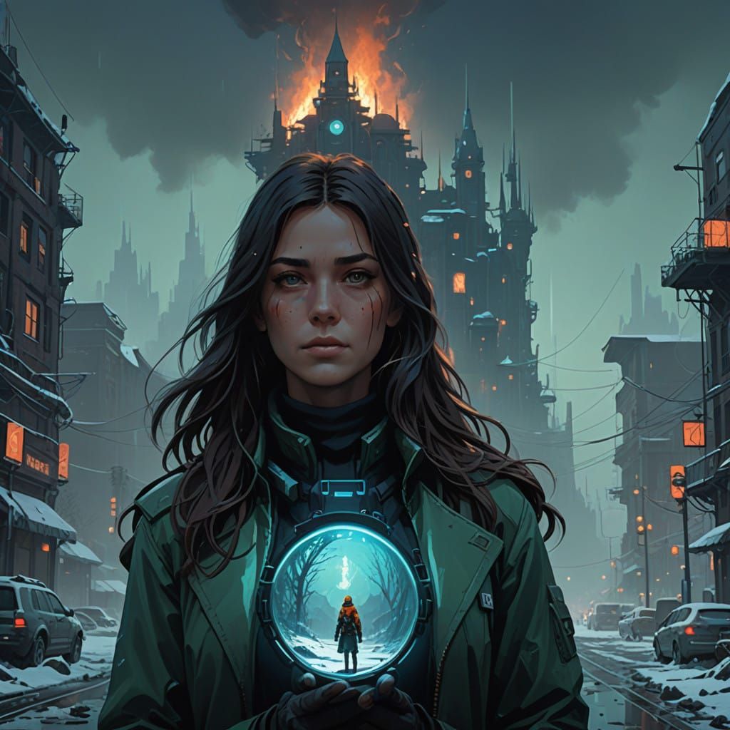 A Girl in Serene Contemplation Ignites a Fiery Background