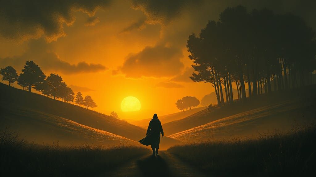 Hopeful Figure Approaches Golden Light in Dreamlike Landscap...