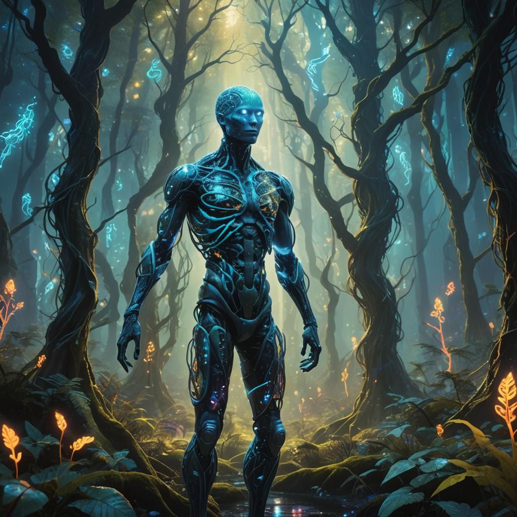 Humanoid Figure with Altered DNA in Bioluminescent Forest