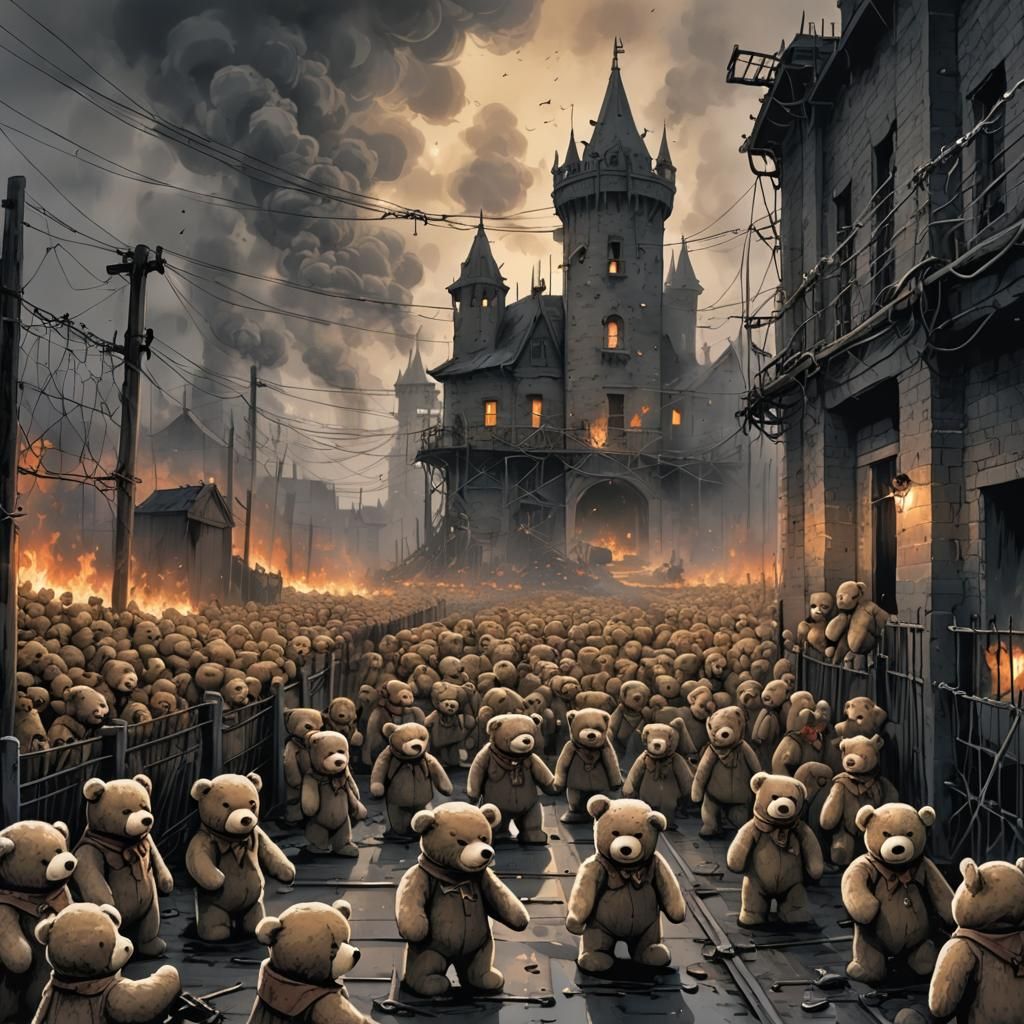 Dark Cartoon: Teddy Bear Camp in Mourning