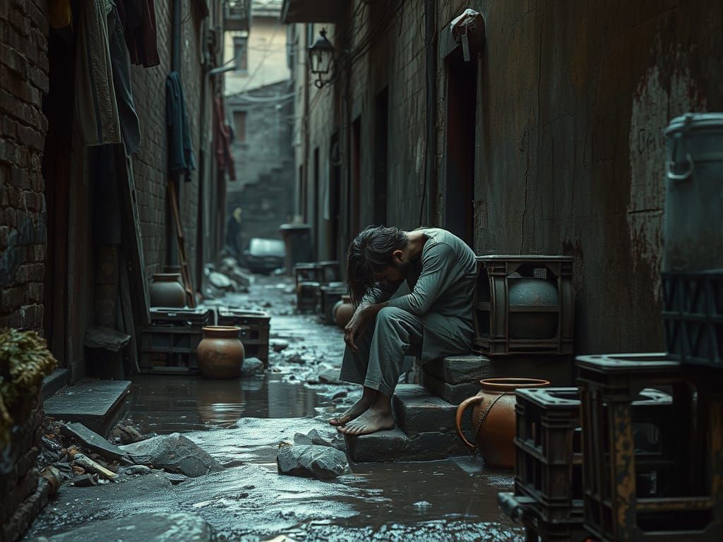 Solitary Figure in Desaturated Urban Alleyway