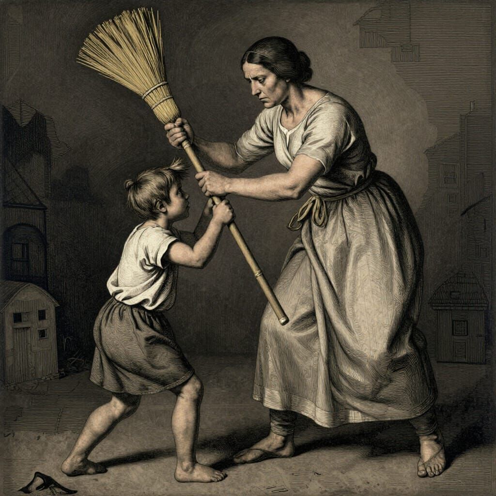 Mother Strikes Child With Broom in Dramatic Chiaroscuro Styl...
