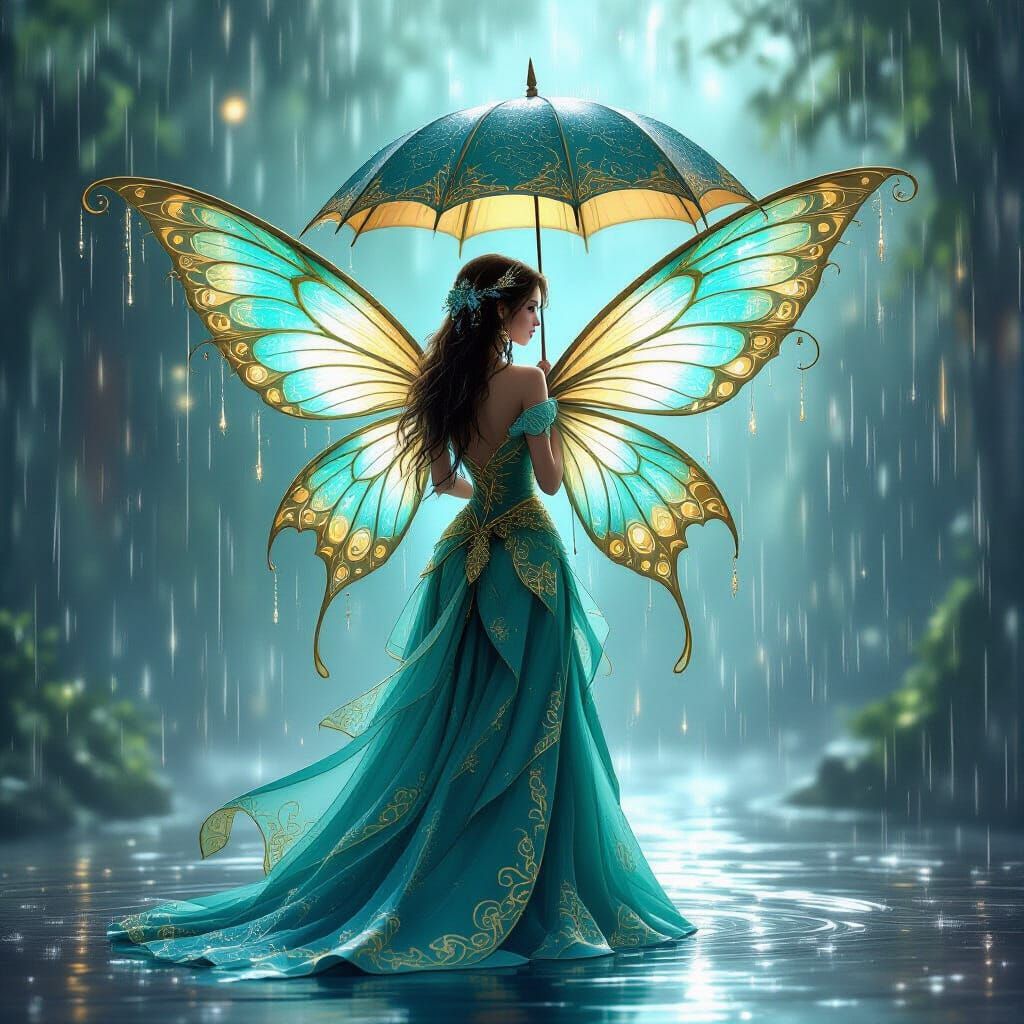 Ethereal Fairy in Teal and Gold Digital Art
