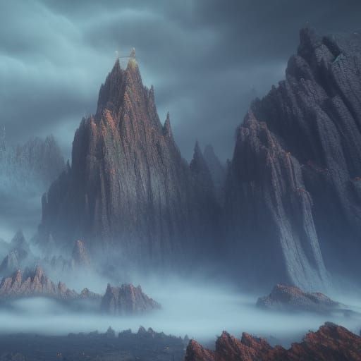 Mist Swirling Around Mountains in Detailed Matte Painting