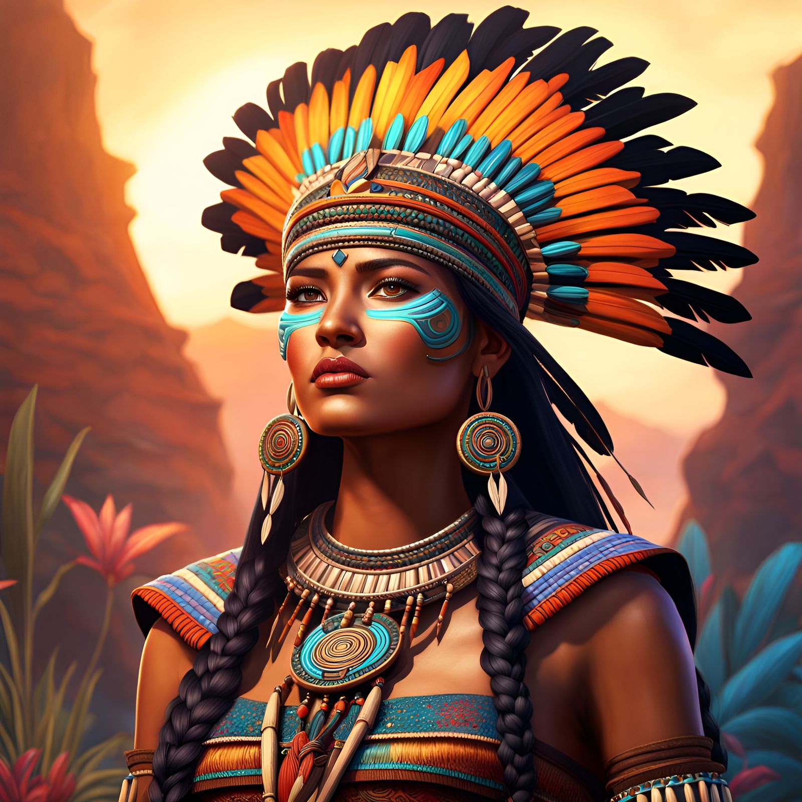 Aztec Woman in Native Surroundings: Digital Masterpiece