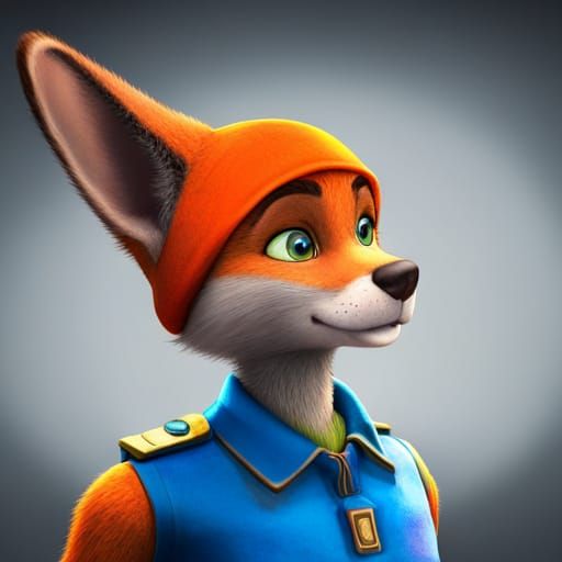 Nick Wilde in Blue Beret, Cel-Shaded Illustration