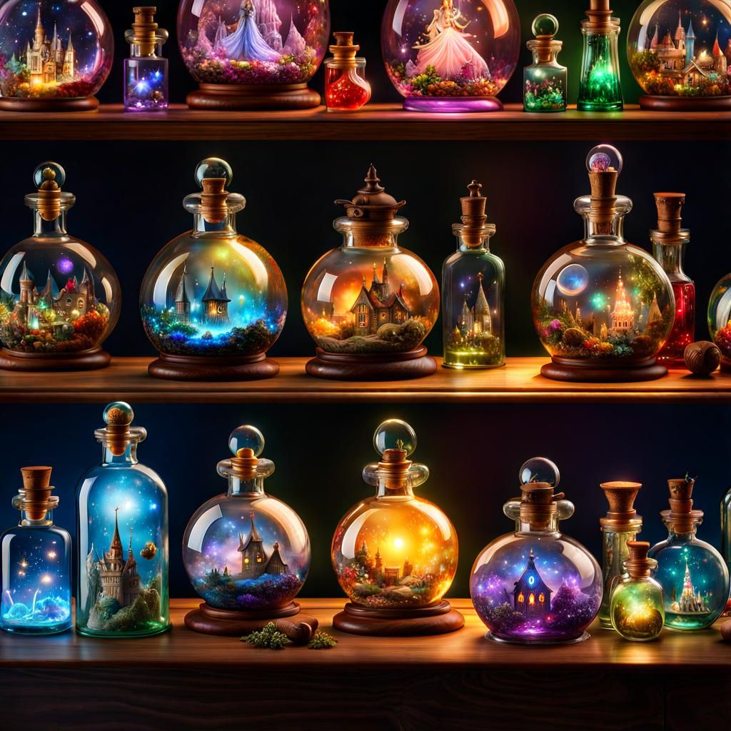 Illuminated Magic Potions in Antique Bottles