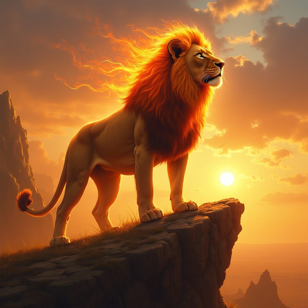 Majestic Lion with Fiery Mane Overlooking Savanna