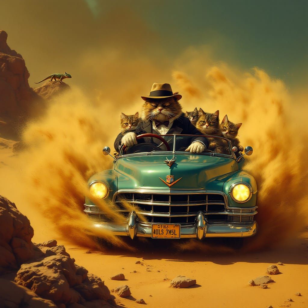 Cats' Desert Road Trip in Surrealist Style