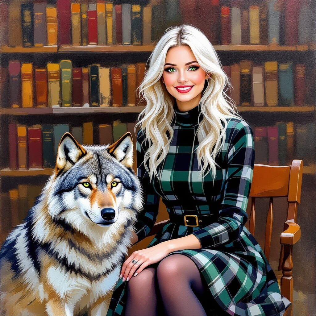 Woman and Wolf in Library, Watercolor and Oil Painting Style