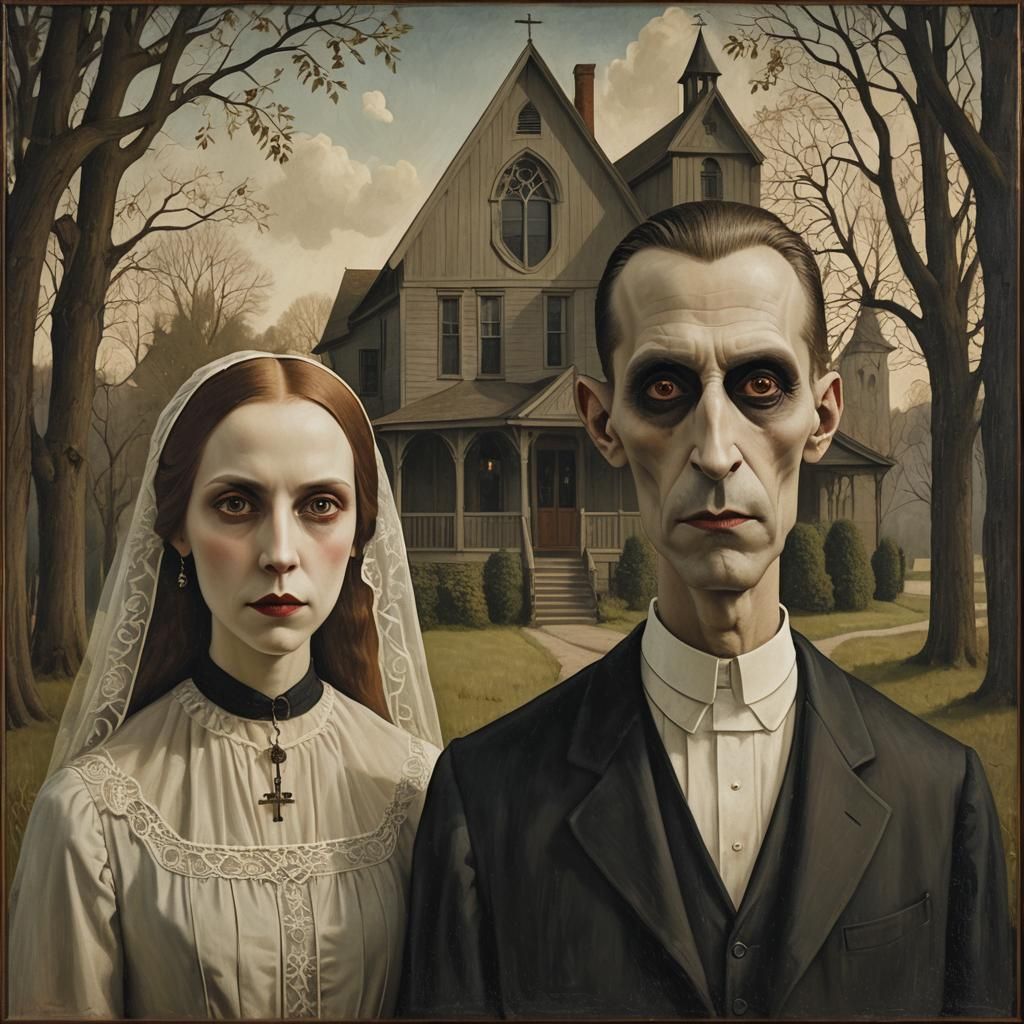 Vampire Wedding Portrait in American Gothic Style