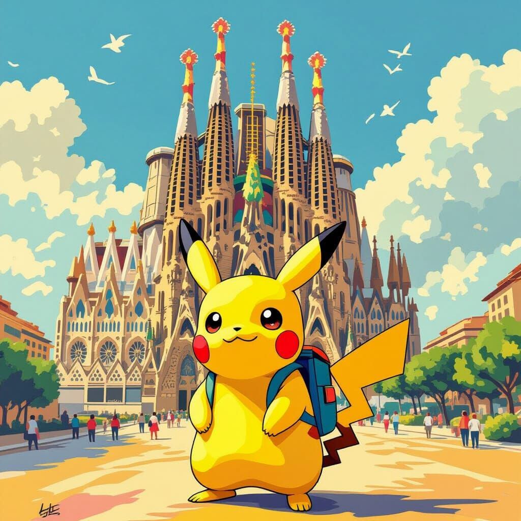 Pikachu at Sagrada Familia: A Spanish Art Fusion