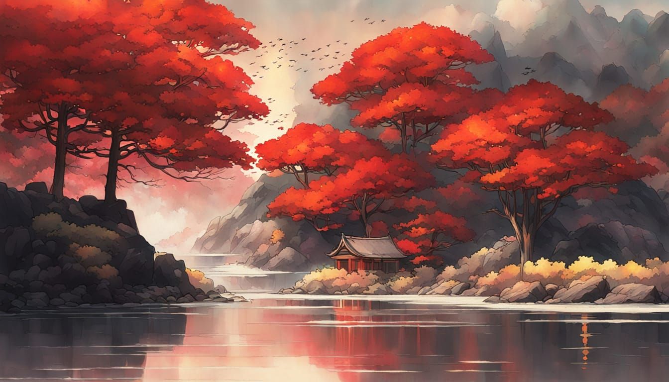 Zen Garden with Red Maple in Japanese Art Style