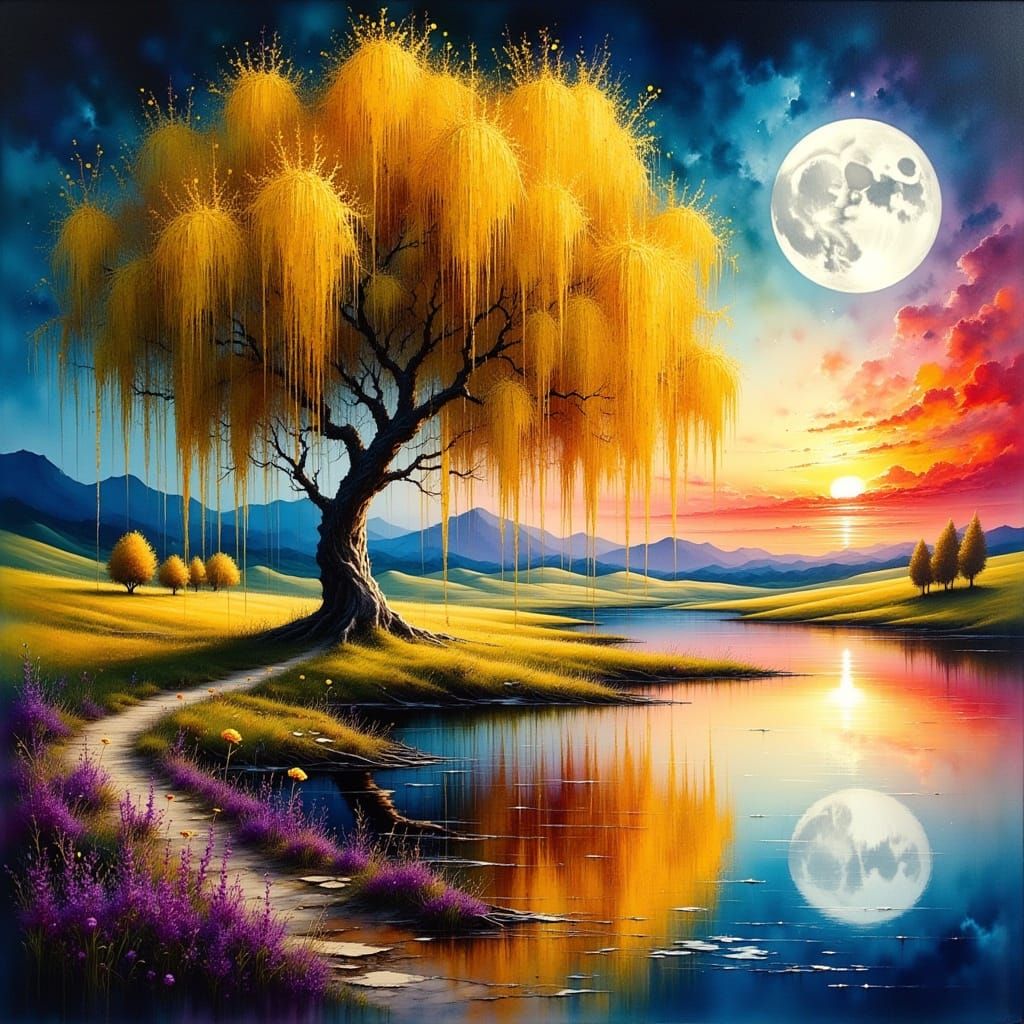 Golden Willow Tree Under Moonlight in Painterly Style