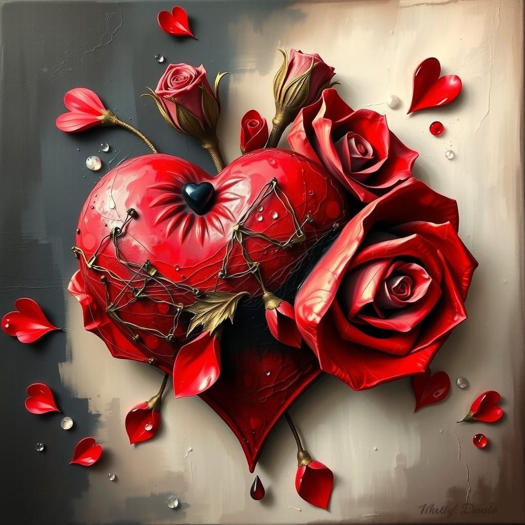 Gorgeous Red and Black Impasto Oil Painting of Hearts and Ro...