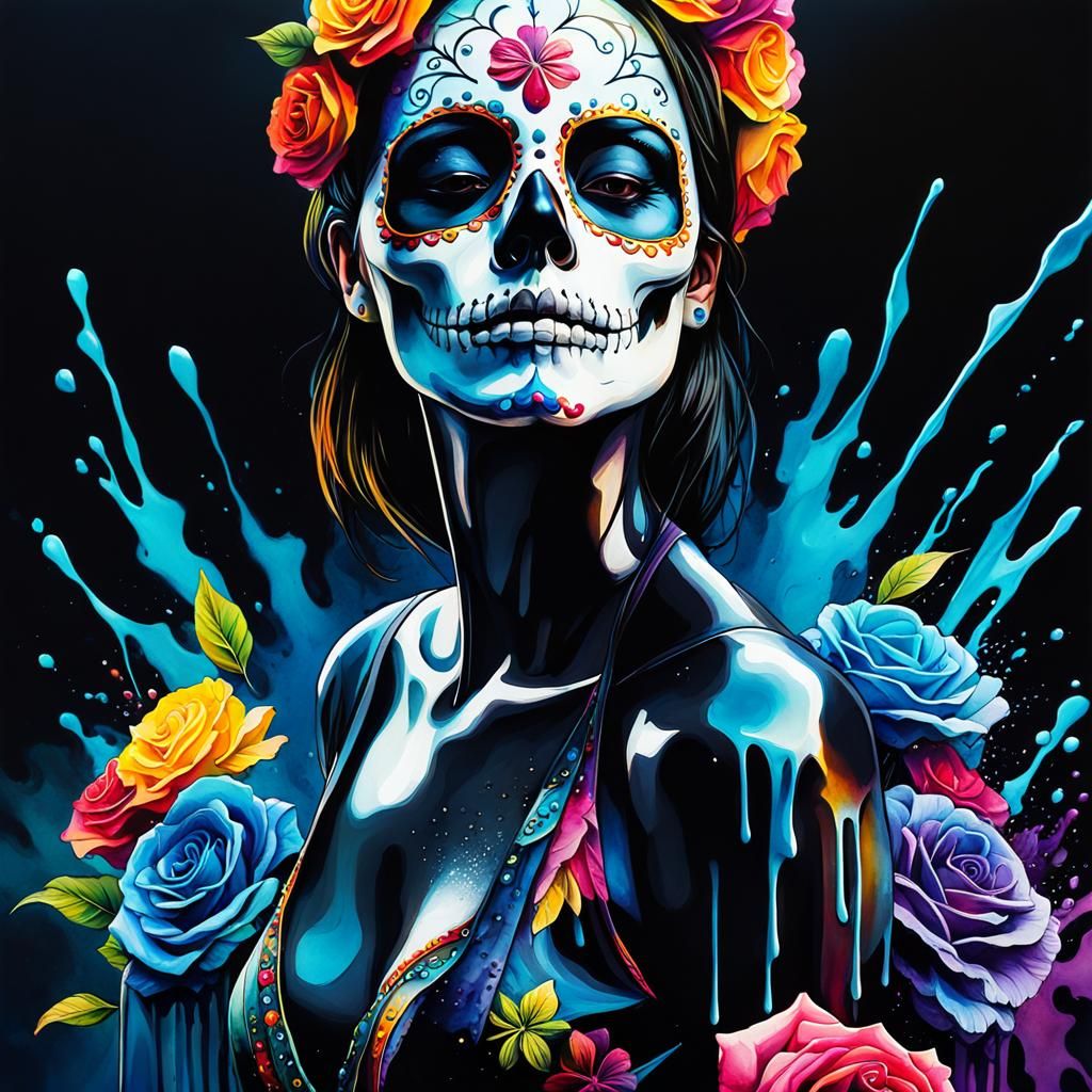 Colorful Dia De Muertos Portrait in Hyperrealistic Splash Ar...