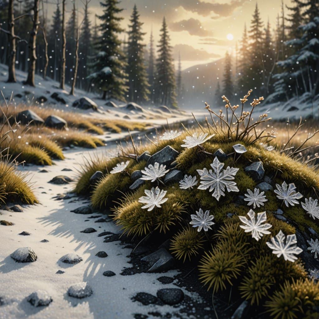 Majestic Charcoal Drawing of Sparkling Crystals on Tundra Pa...