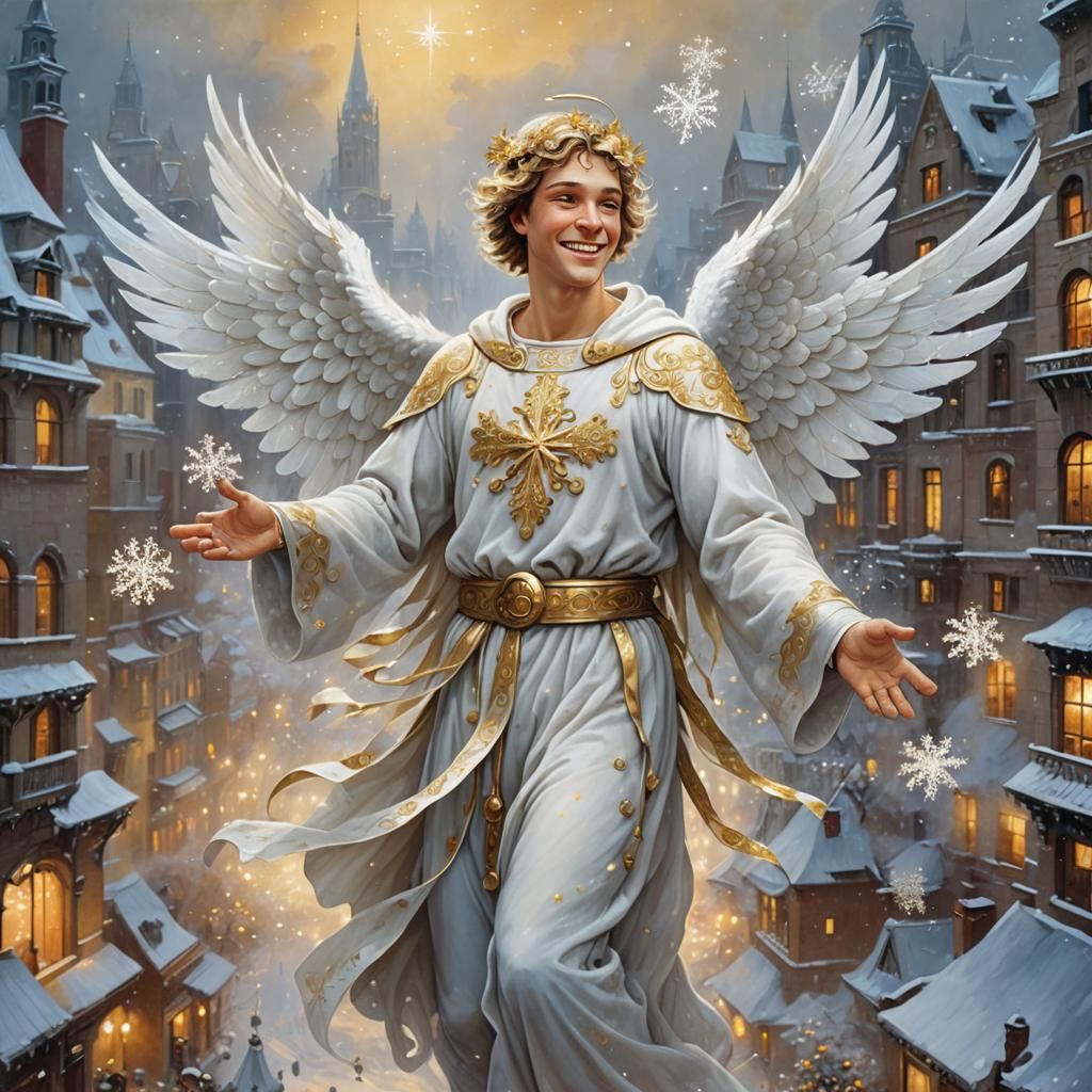 Mischievous Angel Soaring Over Winter City in Oil Painting