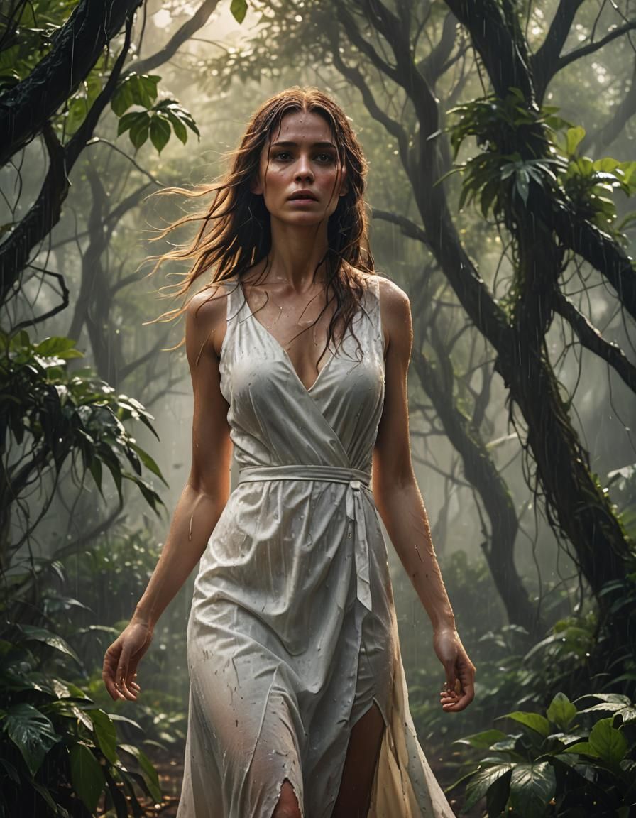 Eerie Forest Scene with Woman in Golden Hour Lighting