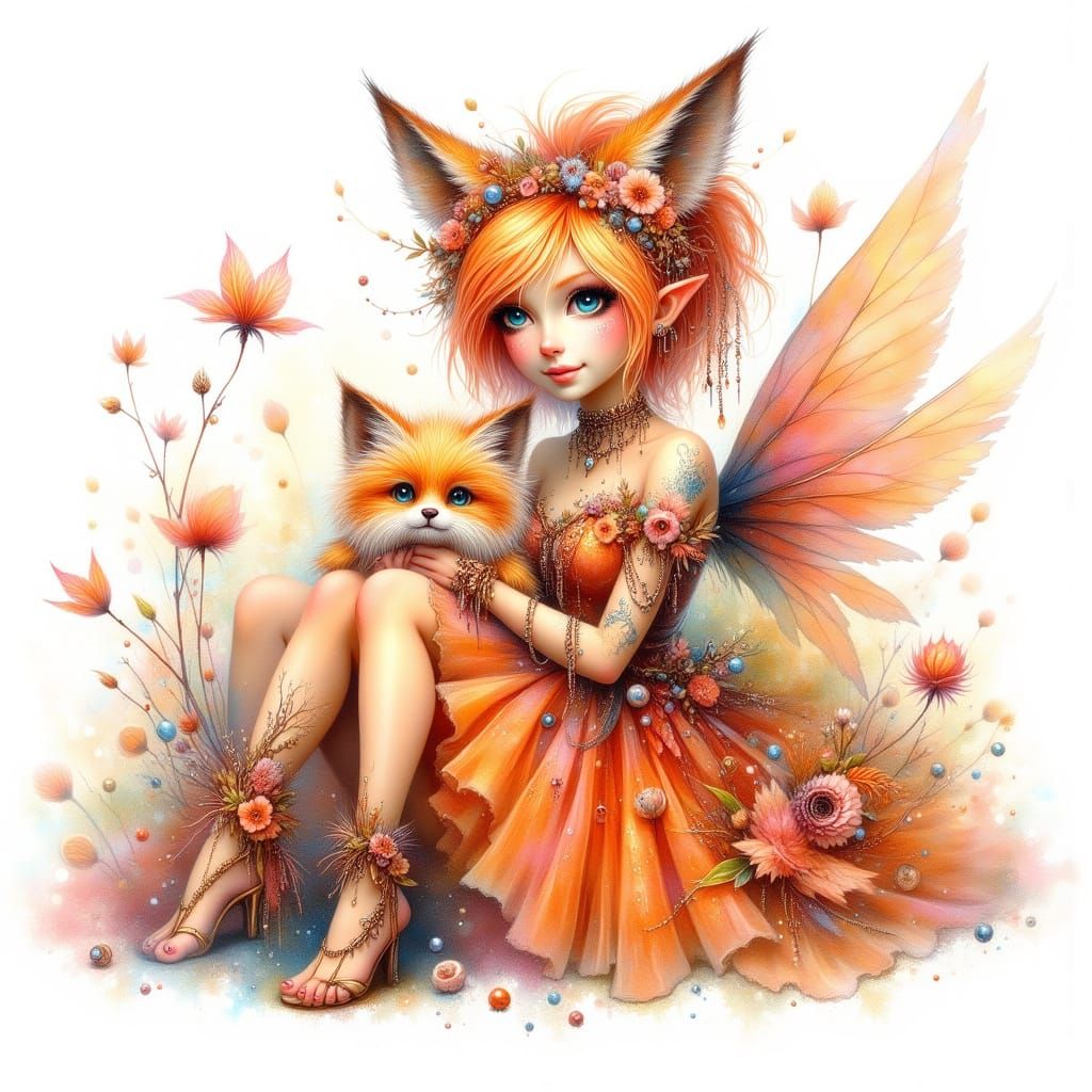 Enchanting Dryad with Fox Cub in Fiery Orange Hues