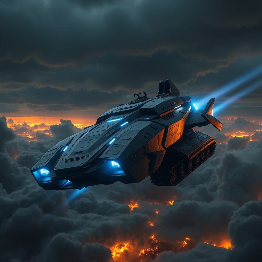 Epic Futuristic Military Tank Soars Through the Dark Skies