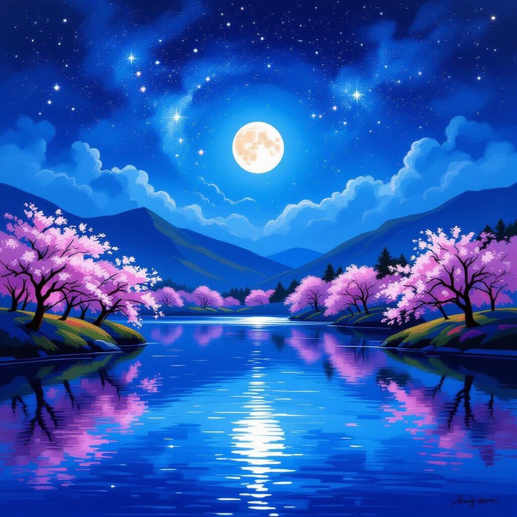 Moonlit Serene Lake with Cherry Blossoms and Starry Sky