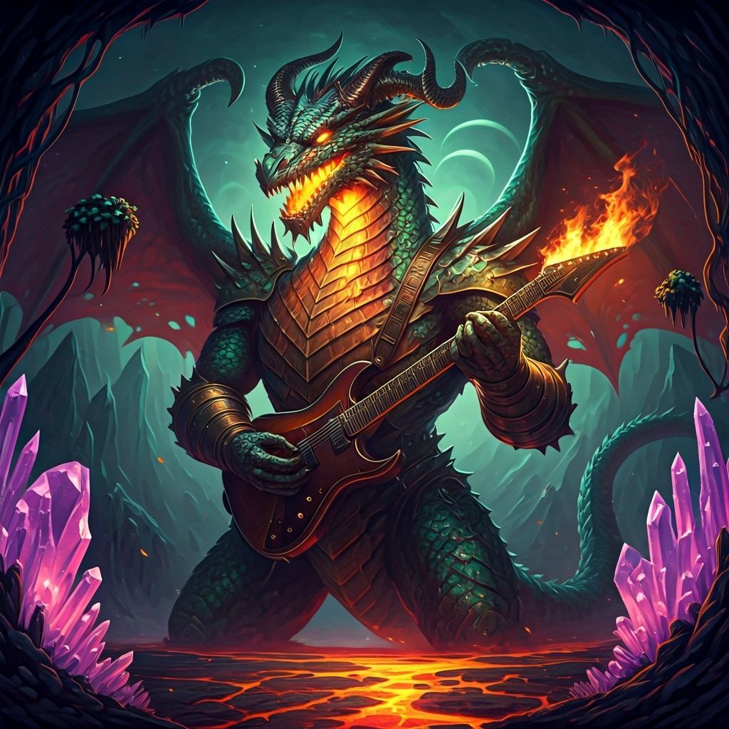 Cosmic Dragon Shreds Guitar in Fiery Fantasy Realm