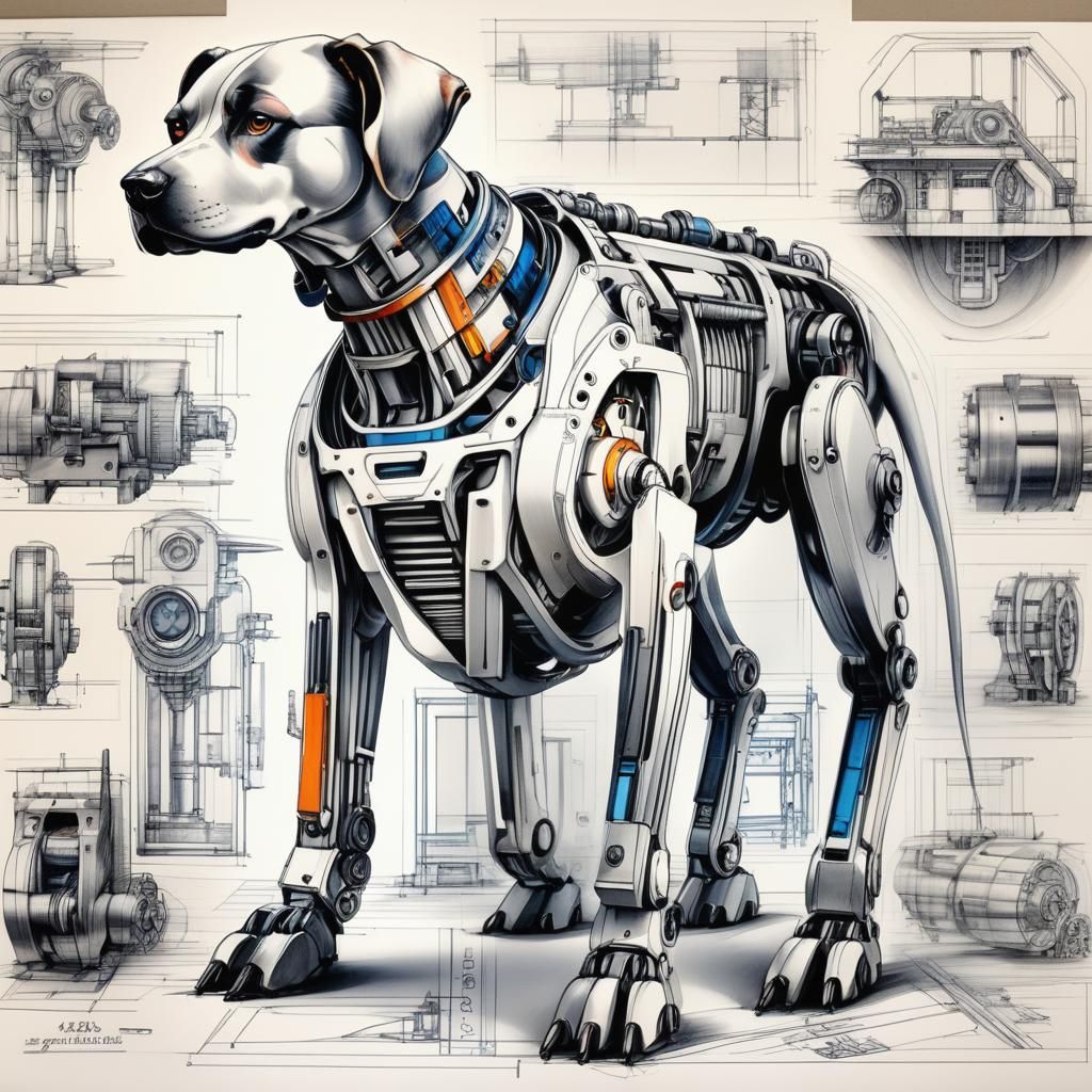 Detailed Mechanical Dog Blueprint in Architectural Style