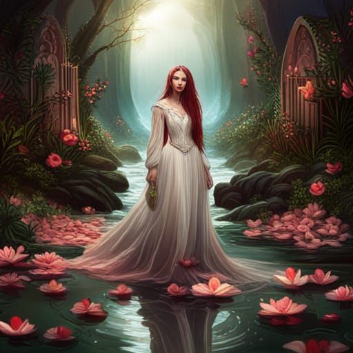 Elegant Princess Drowning in River of Flowers