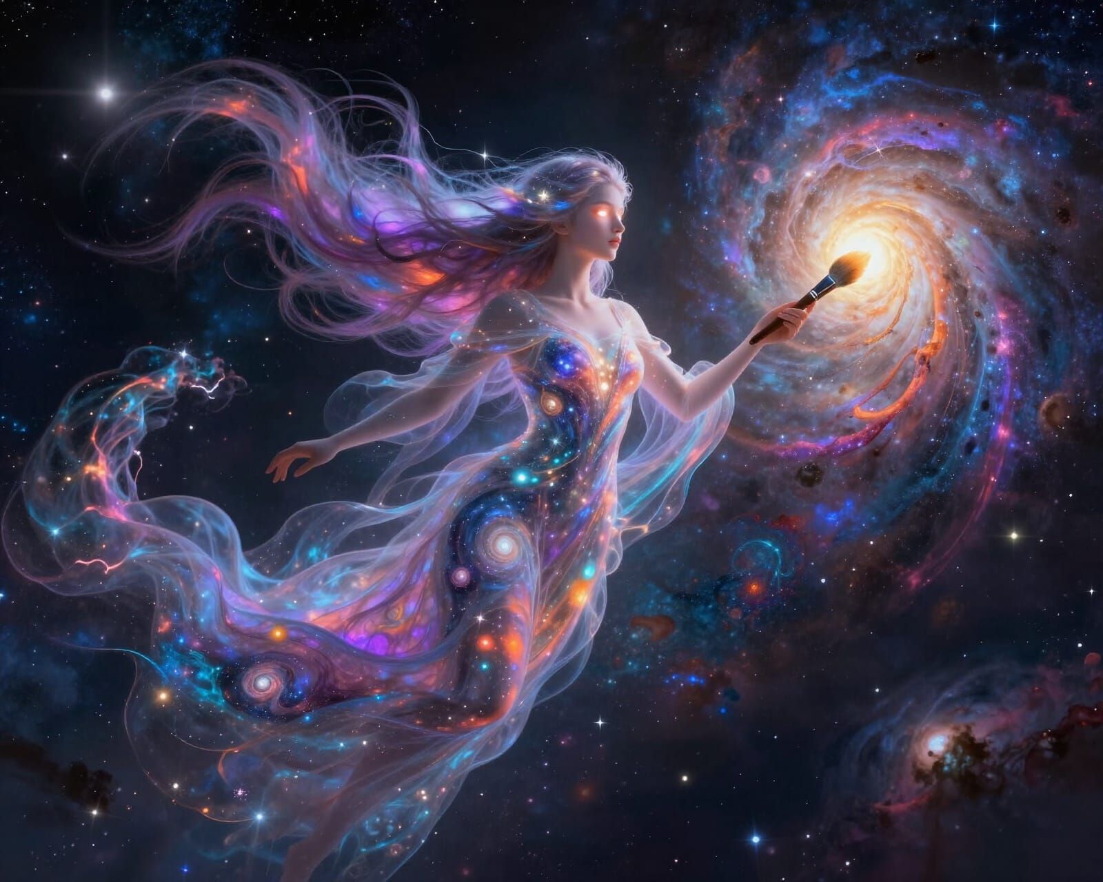 Cosmic Goddess Painting Galaxy in Surreal Digital Art