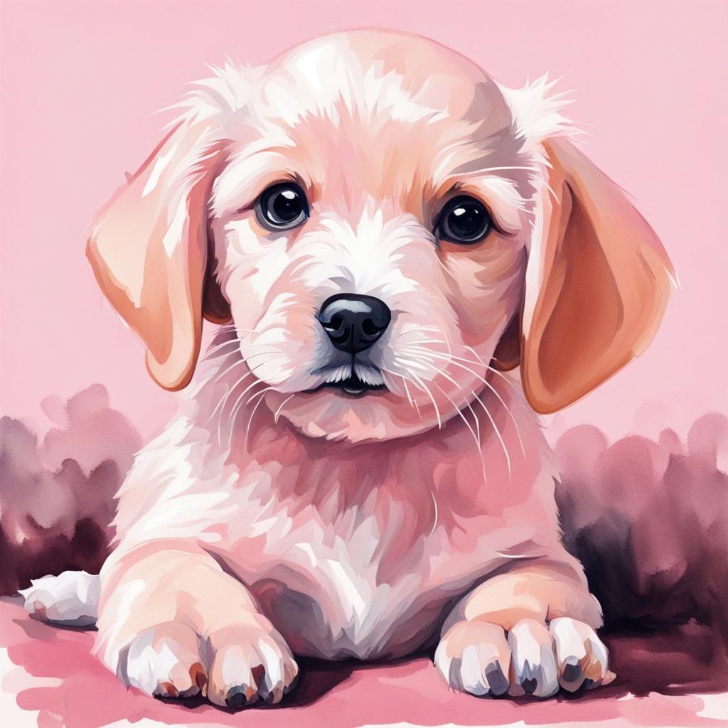 Cute Light Pink Puppy Gouache Painting
