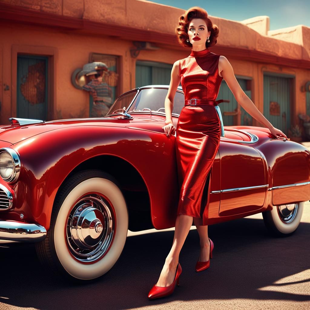 Retrofuturistic Auburn Beauty in Red Convertible