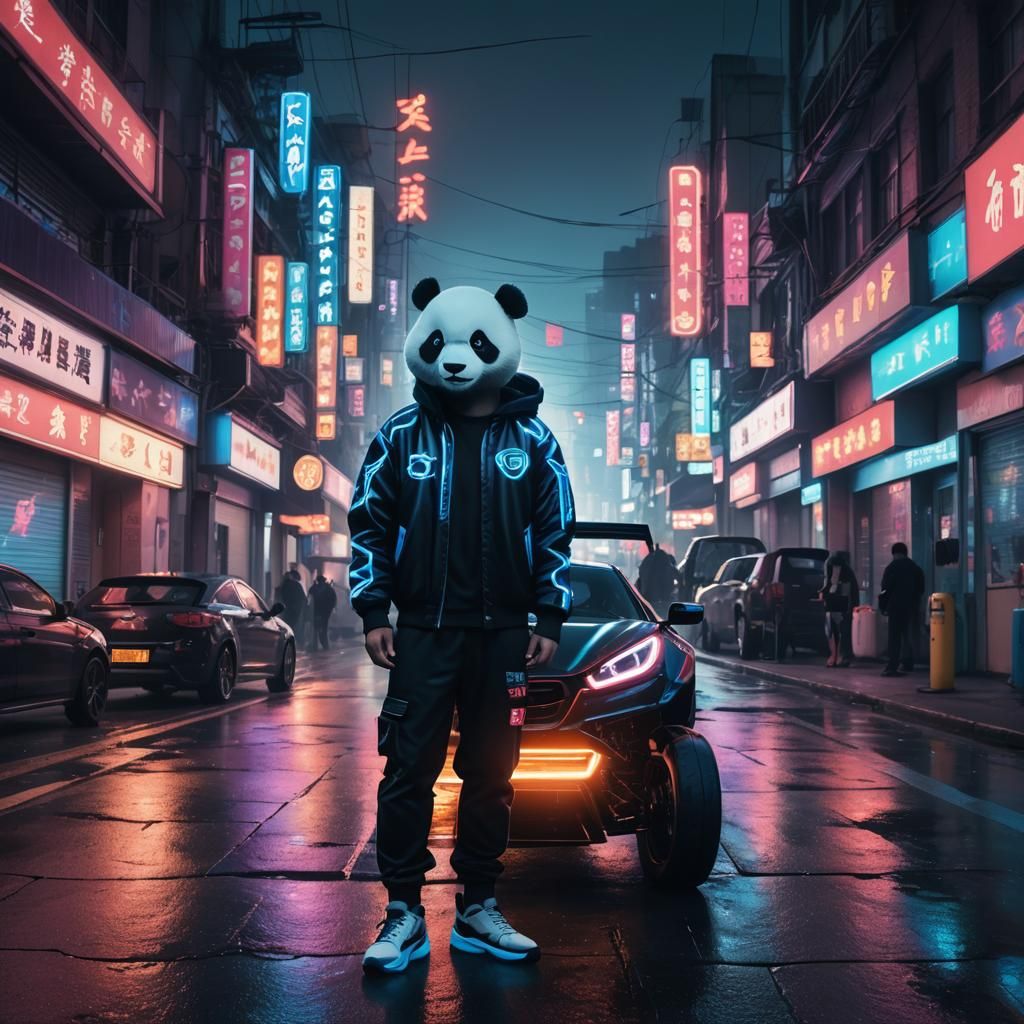 Cyberpunk Panda on a Neon City Street