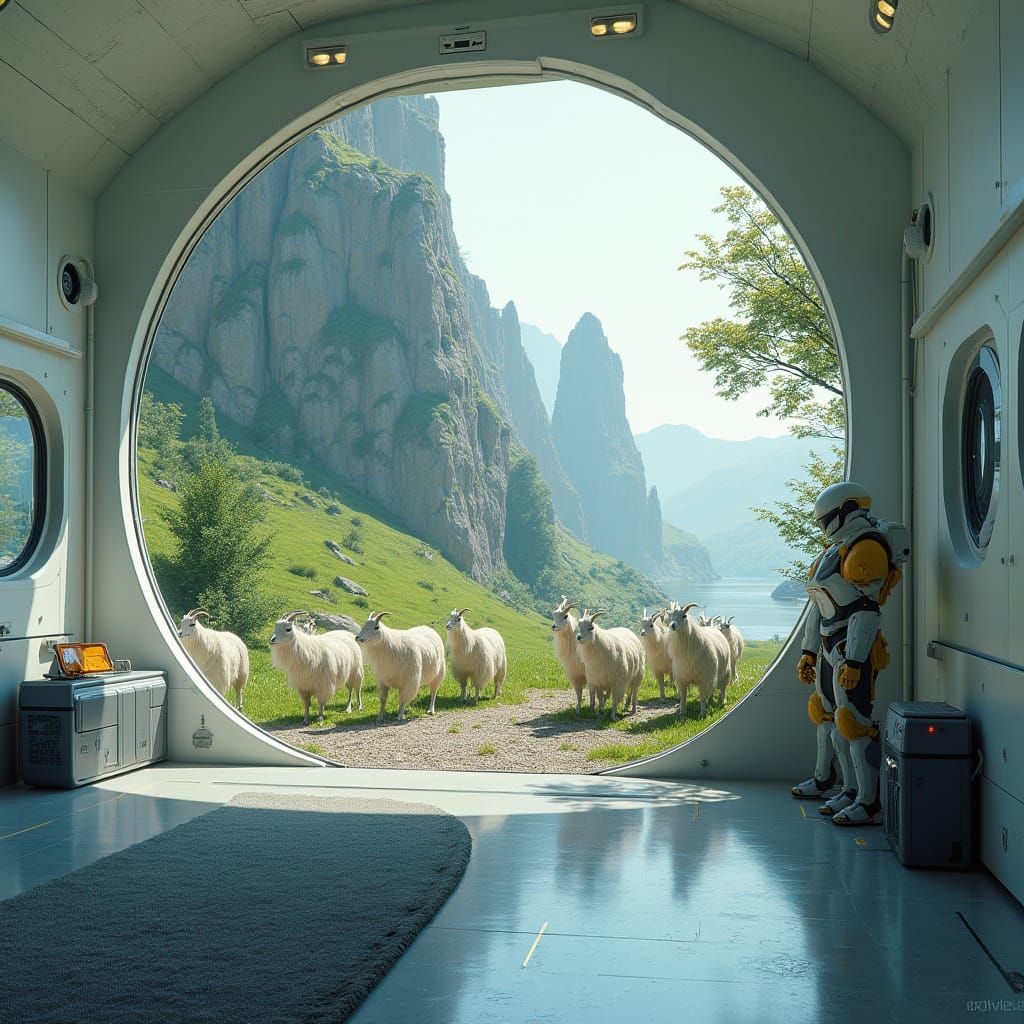 Futuristic Mountain Goats Habitat with Robot Monitor