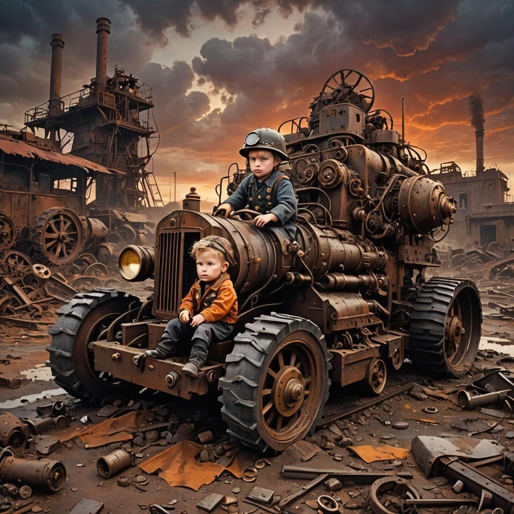 Dieselpunk Child in Ruined Wasteland Machine