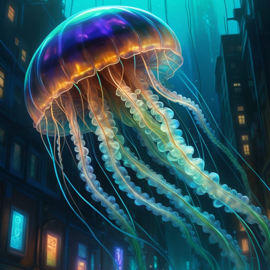 Jellyfish in Neon City: A Digital Painting