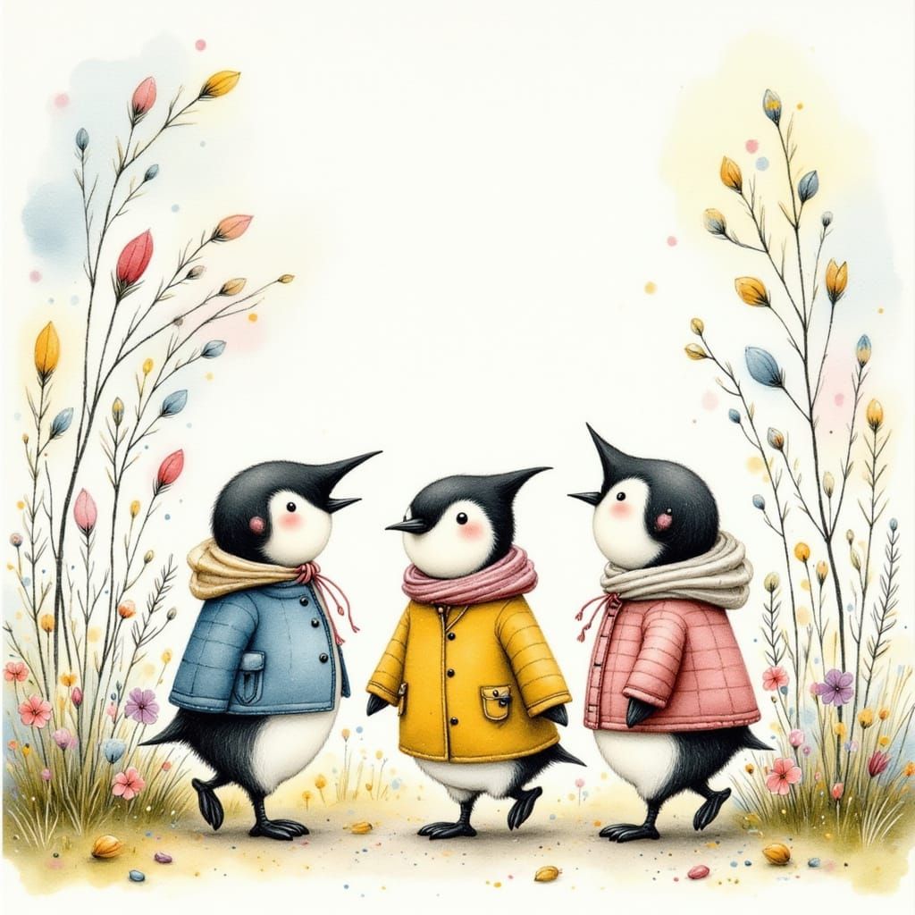 Three Penguins Enjoying a Spring Walk in Watercolour Style