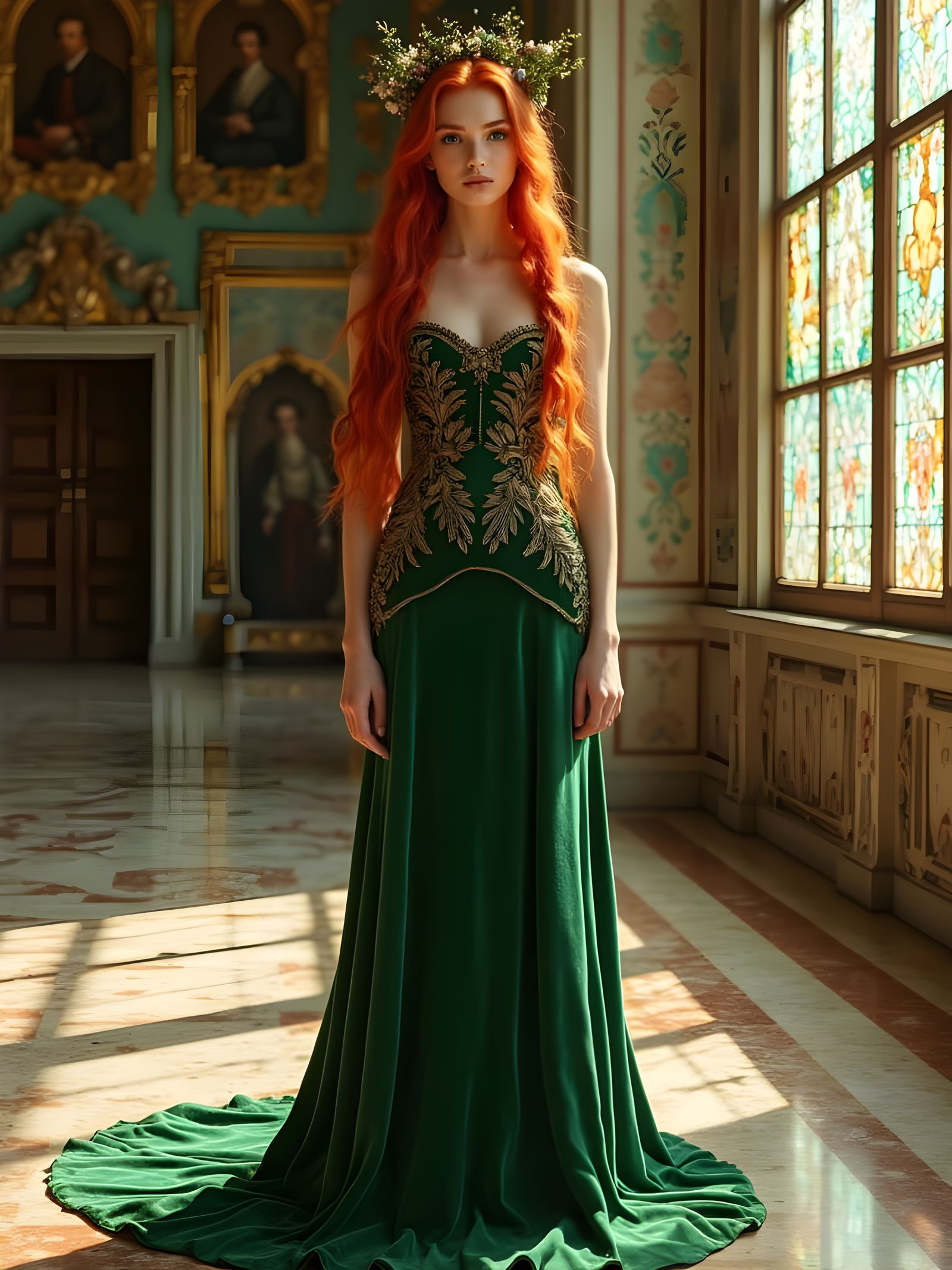 Red-Haired Woman in Grand Hall, Art Nouveau Style