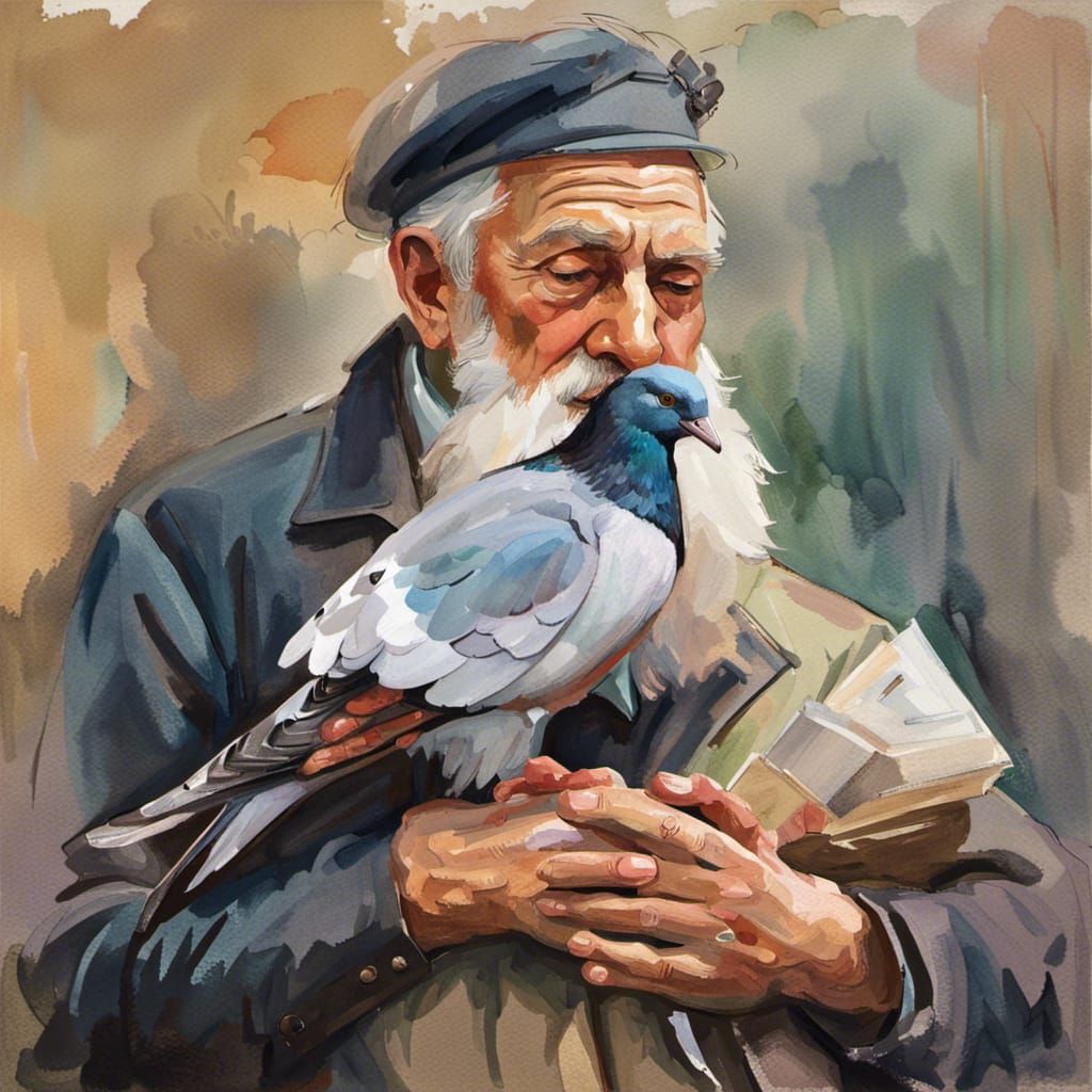 Tender Moment: Old Man and Carrier Pigeon in Gouache Style
