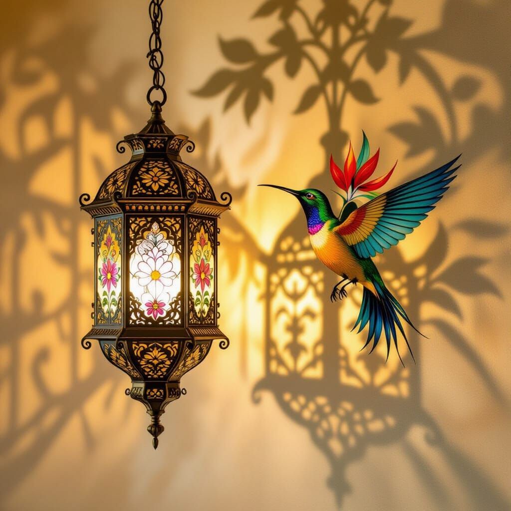 Ornate Lantern Casts Bird of Paradise Shadow