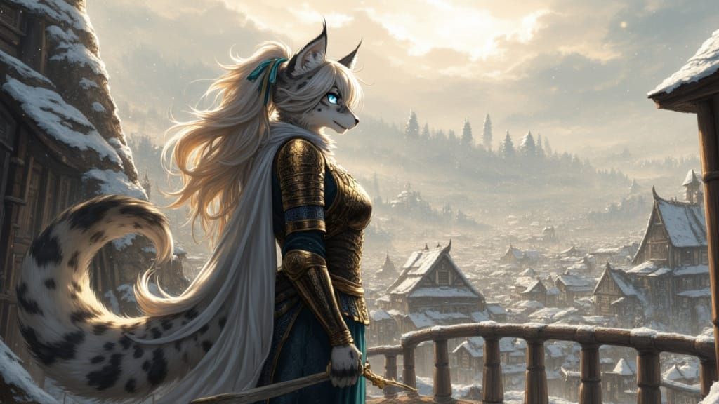 Ethereal Snow Leopard Samurai in Ruined Medieval Village