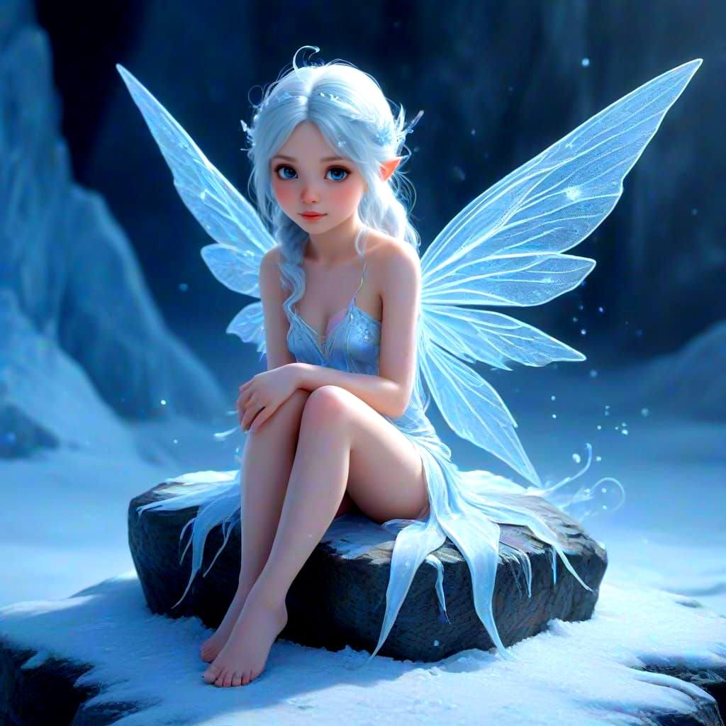 Cute Ice Fairy Sitting on Rock - Realistic Digital Art
