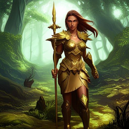 Golden Armored Female Warrior in Forest