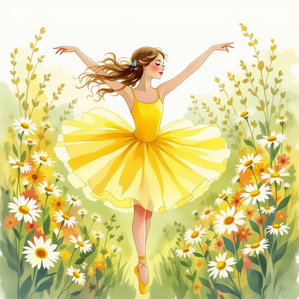 Ballerina Dances Among Daisies in Watercolor Style