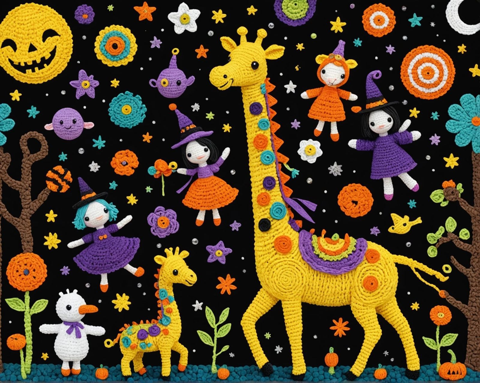 Klimt Crochet Halloween Animals Dance Under Starry Sky