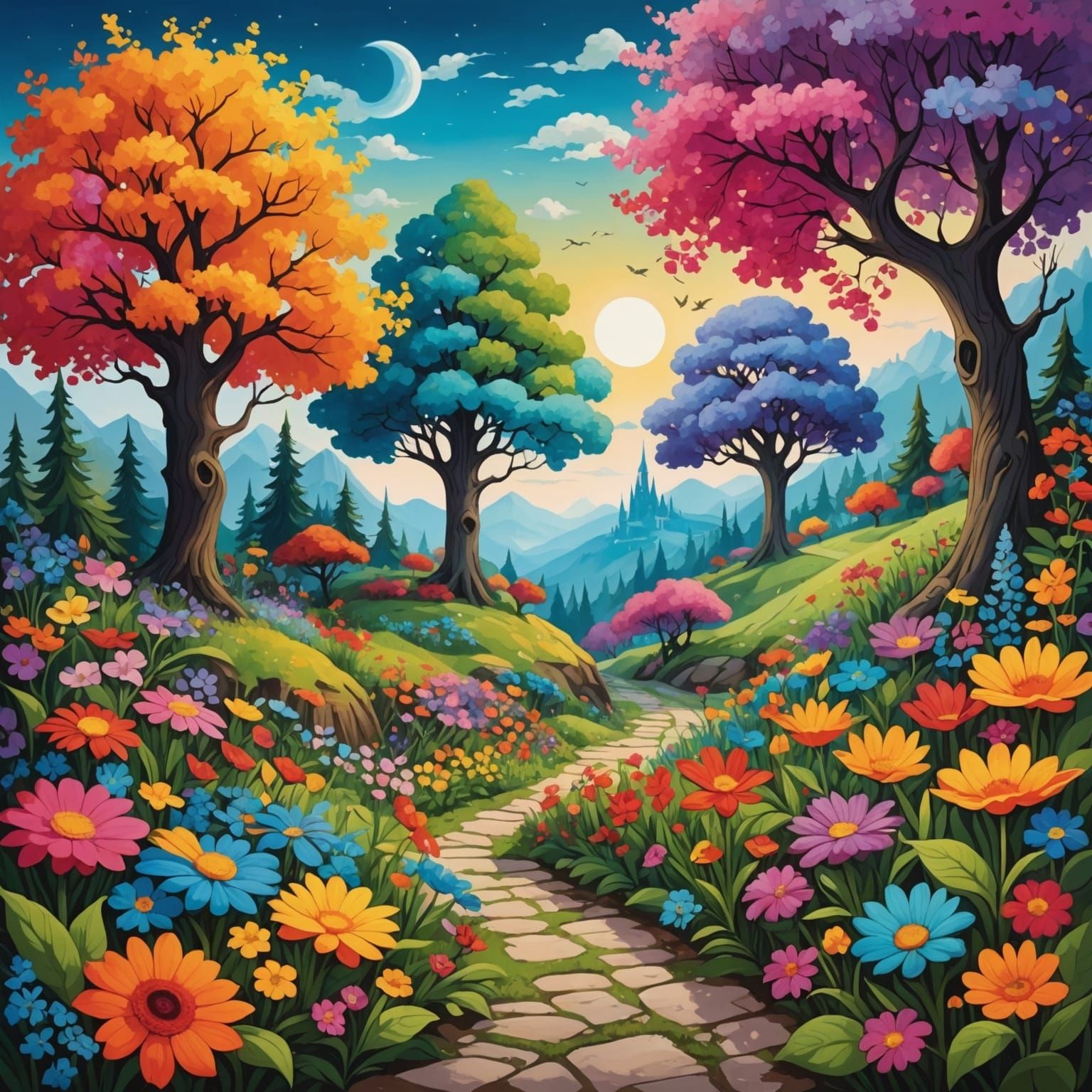 Colorful Fantasy Scene with Flowers and Trees
